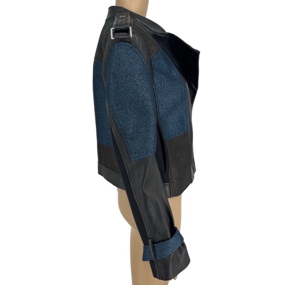 BCBG Max Azria Patchwork Color Block Leather Moto Jacket Black Blue Womens XS - Picture 3 of 6